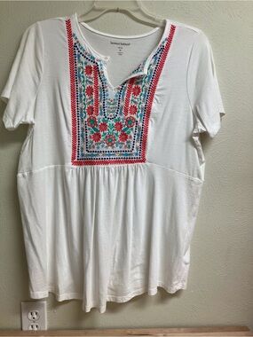 Woman Within White V-Neck Tunic with Colorful Embroidery